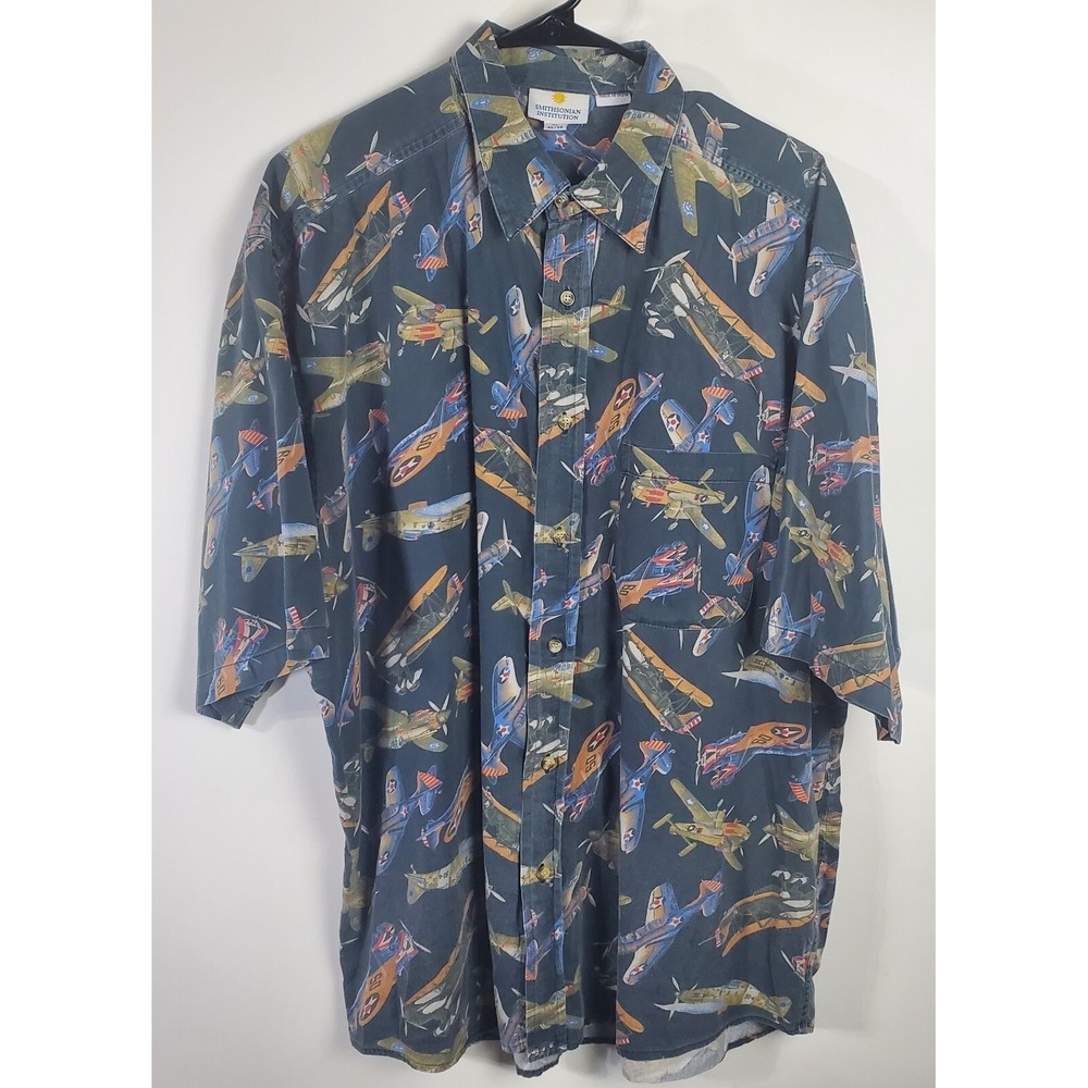Smithsonian Shirt Mens XL Black Exc Vintage Military Airplane AOP Button Up